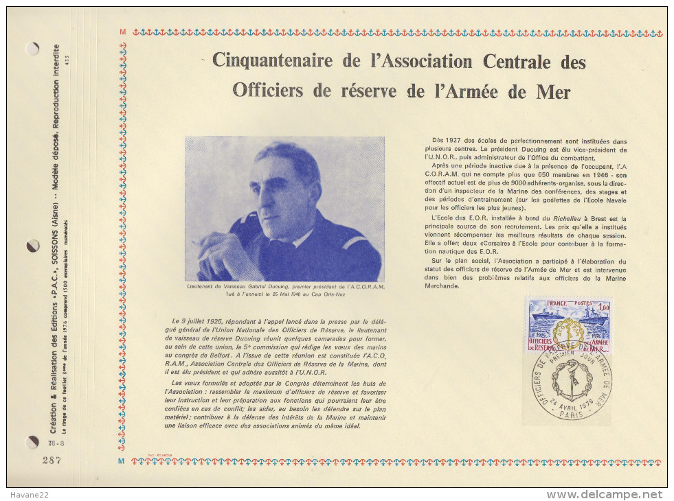 210 FDC 1ER JOUR 1976 FEUILLET CINQUANTENAIRE ASSOCIATION CENTRALE ARMEE MER 433 - Documents De La Poste