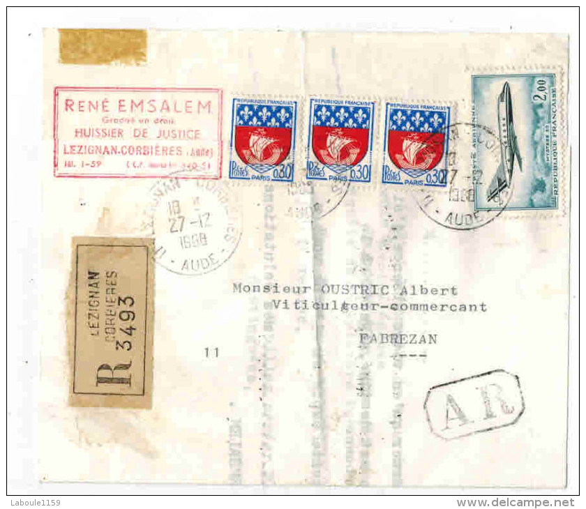 LEZIGNAN Emsalem Vers FABREZAN Recommandé Timbres Blason Paris Poste Aérienne Mystère 20 Oblitération R° V° - 1961-....