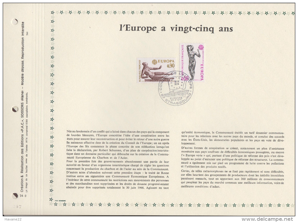 217 FDC 1ER JOUR 1974 FEUILLET L'EUROPE A VINGT CINQ ANS 361 - Documents Of Postal Services