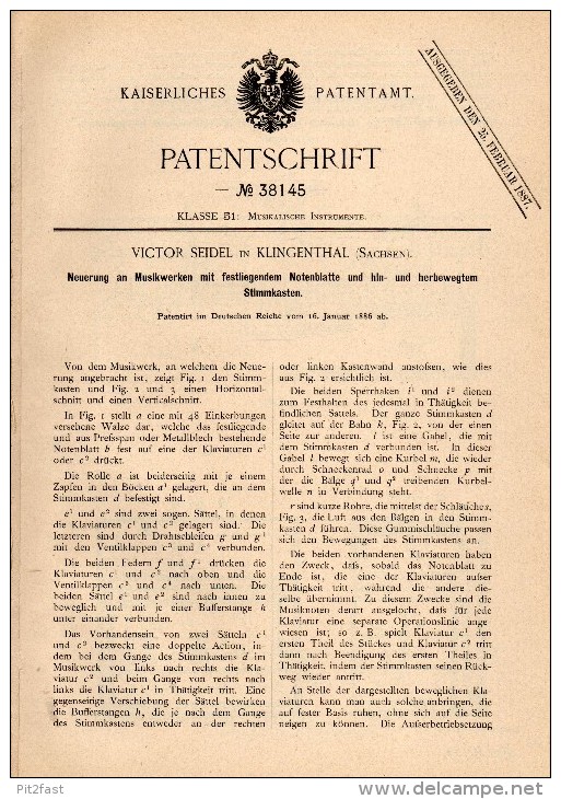 Original Patentschrift - Victor Seidel In Klingenthal I. Sachsen , 1886 , Musikwerk Mit Notenblatt , Seydel !!! - Historische Dokumente