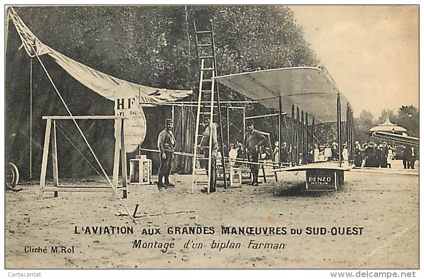 LE GRANDI MANOVRE DELL'AVIAZIONE DI SUD-EST. MONTAGGIO DI UN BIPLANO FARMAN. CARTOLINA DI INIZI '900 - 1914-1918: 1. Weltkrieg