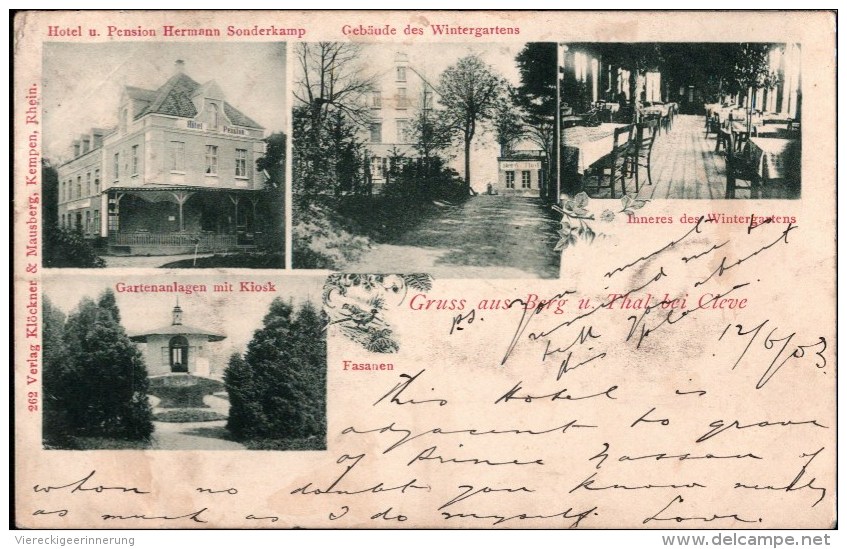 ! 1903 Alte Ansichtskarte Gruss Aus Berg Und Thal Bei Cleve ( Kleve), Hotel Pension Hermann Sonderkamp - Kleve