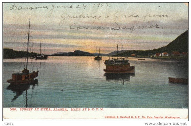 Sitka Alaska Harbor Scene Boats 9:45 PM Sunset, C1900s Vintage Postcard - Sitka