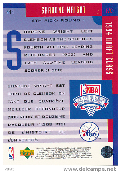 Basket NBA (1994 Draft Class) SHARONE WRIGHT (n° 411) 76ers Philadelphie, Collector&acute;s Choice, Upper Deck, Trading - 1990-1999