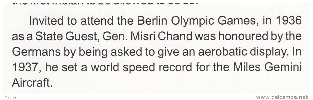 Stamped Information On Mj Gn. Dewan Misri Chand, Aviation, Airplane Air Race, Sport, Berlin Olympic 1936 Guest Ndia 2009 - Ete 1936: Berlin