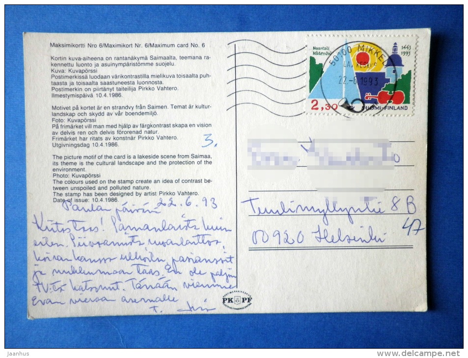 Saimaa - Maximum Card - EUROPA 1986 - Circulated In Finland 1986 Mikkeli - Finland - Used - Tarjetas – Máximo