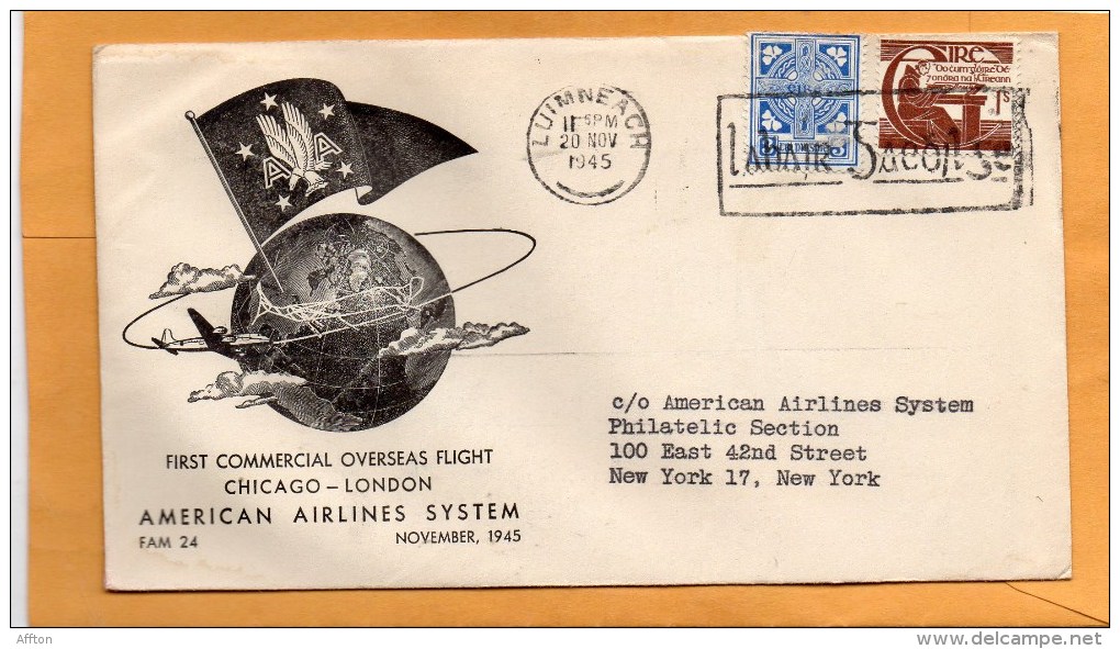 Ireland First Flight Chicago London American Airlines System 1945 Air Mail Cover - Poste Aérienne