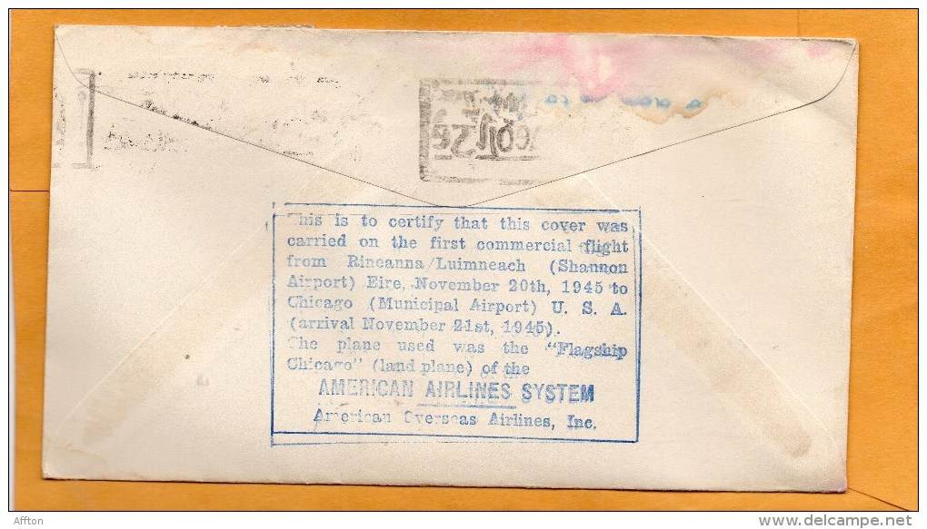 Ireland First Flight Chicago London American Airlines System 1945 Air Mail Cover - Luchtpost