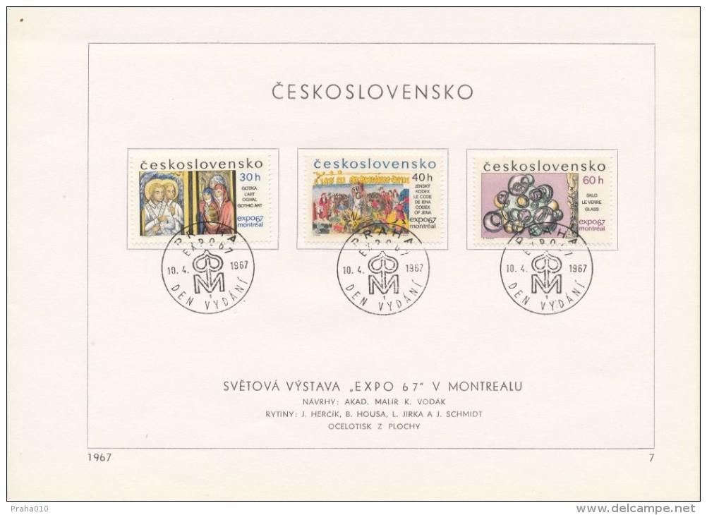 Czechoslovakia / First Day Sheet (1967/07) Praha (1): Expo 67 Montreal (gothic Art, Codex Of Jena, Glass, Fairytales...) - 1967 – Montreal (Canada)