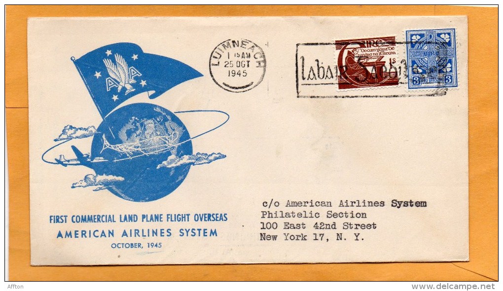 Ireland First Flight Chicago London American Airlines System 1945 Air Mail Cover - Poste Aérienne