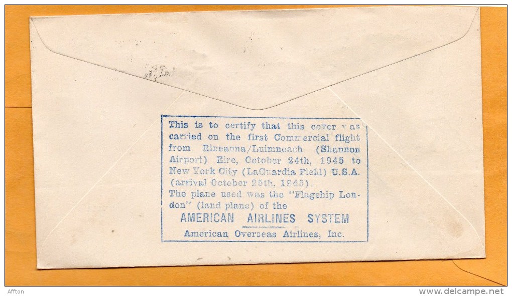 Ireland First Flight Chicago London American Airlines System 1945 Air Mail Cover - Airmail