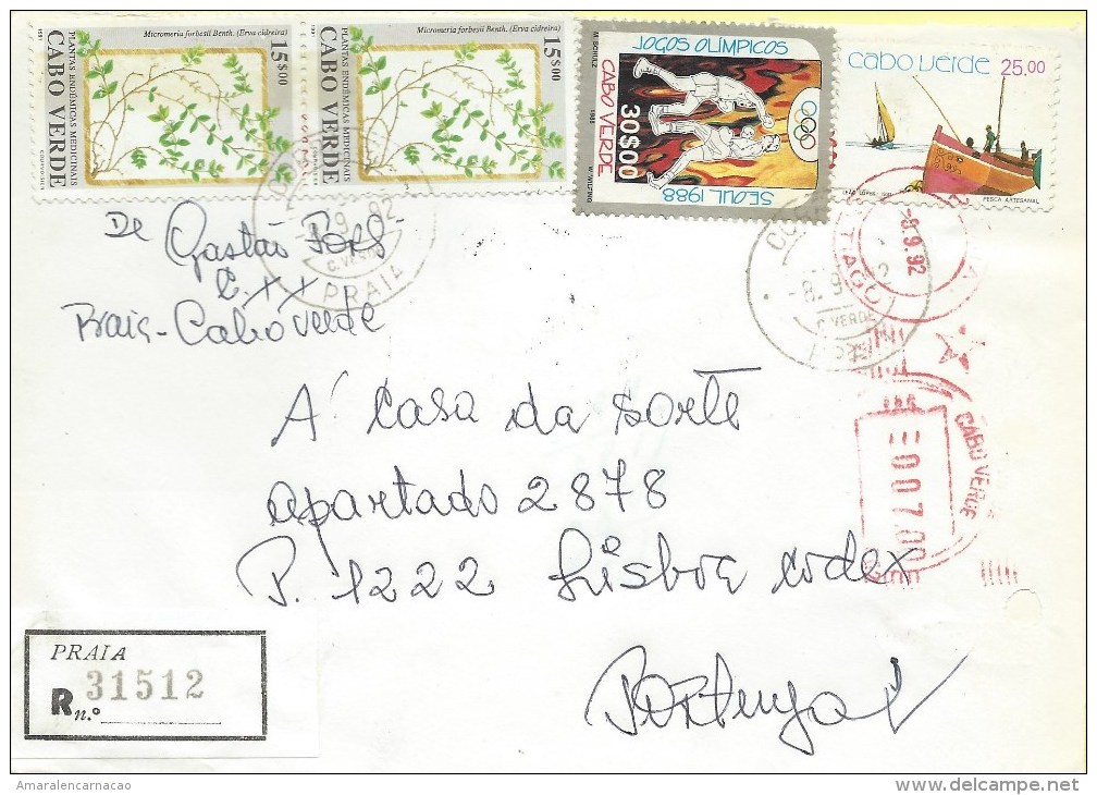 TIMBRES - STAMPS - LETTRE RECOMMANDÉE - CAP VERT / CAPE VERDE - J.O. SEUL 1988 ET AUTRES - OBLIT. MÉCANICIEN ET MANUEL - Cap Vert