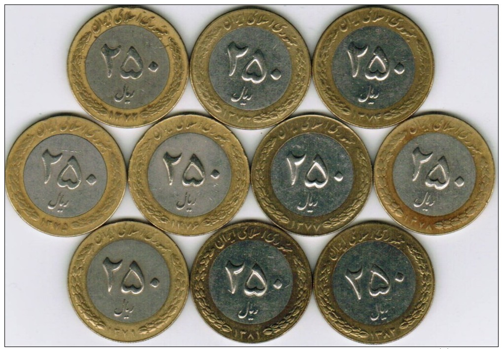 Iran Collection Of 10 Coins 250 Rials SH1372-1382 All Different & Listed - Iran