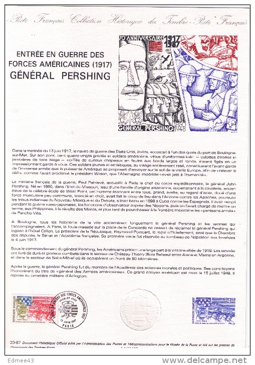 Document Philatélique Officiel Entrée En Guerre Des Forces Américaines (1917), Général Pershing, USA, 1987 - 1. Weltkrieg