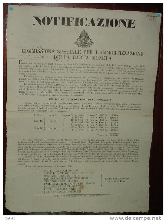 1852  GOVERNO PONTIFICIO PAPA PIO IX  - MANIFESTO (50x50) COMMISSIONE SPECIALE AMMORTIZZAZIONE CARTA MONETA - Affiches