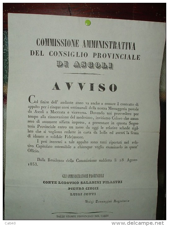 1853  GOVERNO PONTIFICIO PAPA PIO IX  - MANIFESTO (30X40) SULLA MESSAGGERIA POSTALE DA ASCOLI A MACERATA... - Affiches