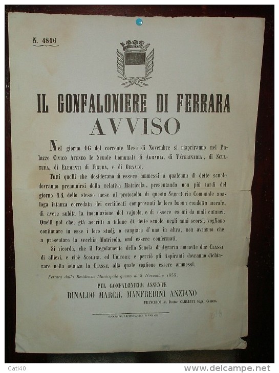 1855  GOVERNO PONTIFICIO PAPA PIO IX  - MANIFESTO (40X50) GONFALONIERE DI FERRARA  APERTURA SCUOLE AGRARIA VETERINARIA,. - Manifesti