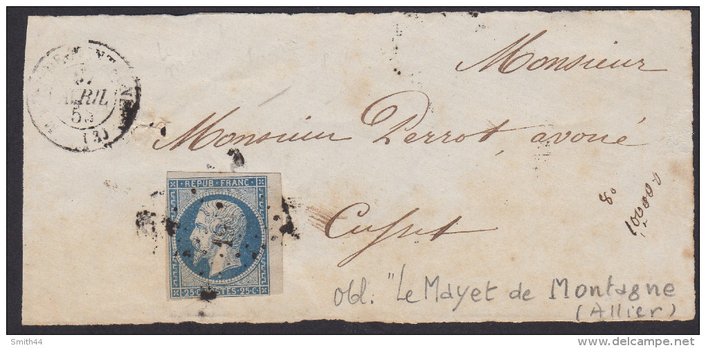 N° 10 - Napoléon Présidence - 25c Bleu Non Dentelé - Le Mayet De Montagne ( Allier ) - 1852 Louis-Napoléon