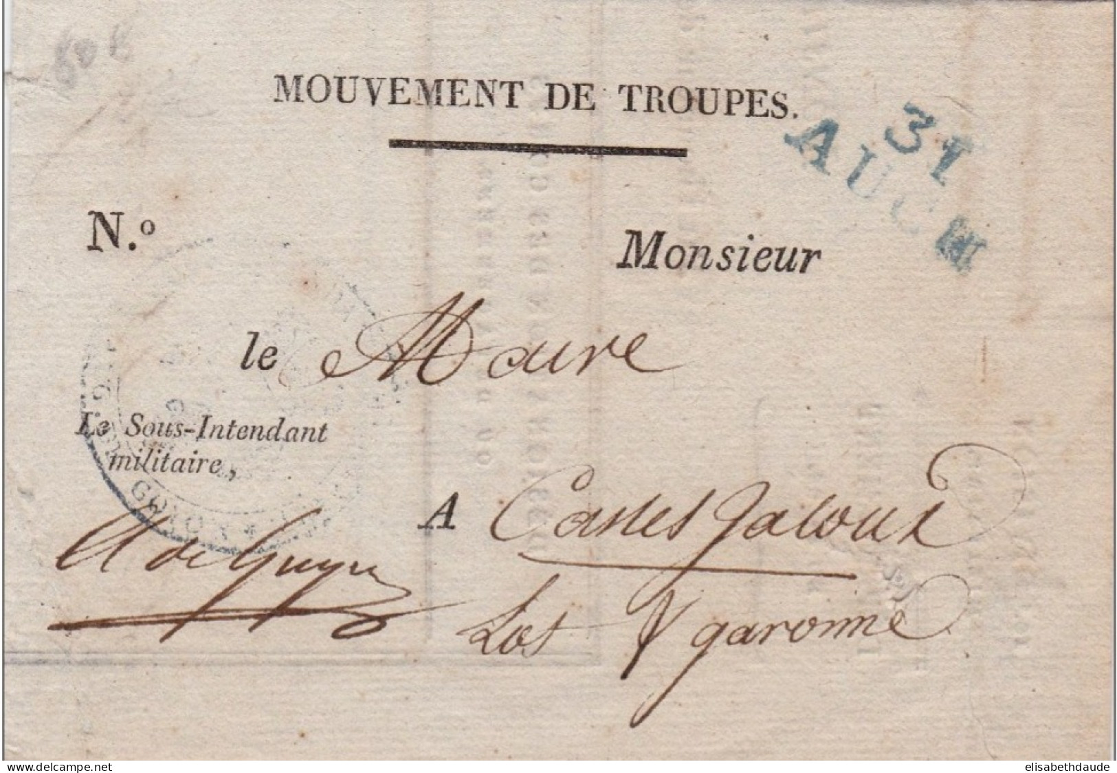 1824 - GERS -  LETTRE De AUCH Pour CASTELJALOUX - MOUVEMENT DE TROUPES => REQUISITION - Bolli Militari (ante 1900)