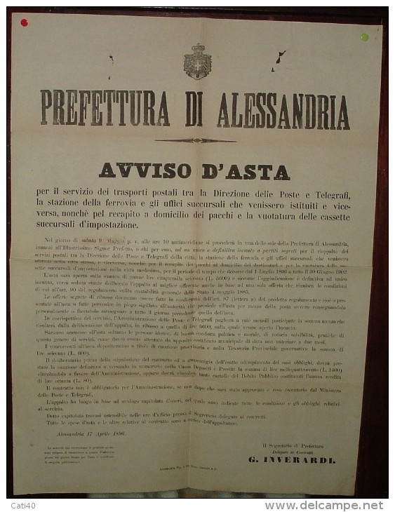 1896 PREFETTURA DI ALESSANDRIA MANIFESTO AVVISO D'ASTA PER IL SERVIZIO DEI TRASPORTI POSTALI.... - Manifesti