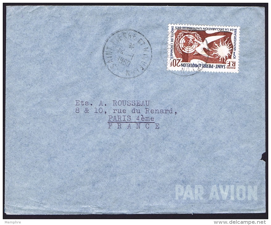 1960    Lettre Avion Pour La France   20 Fr Droits De L'homme Yv 358  Seul - Briefe U. Dokumente