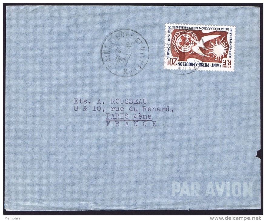 1960    Lettre Avion Pour La France   20 Fr Droits De L'homme Yv 358  Seul - Cartas & Documentos