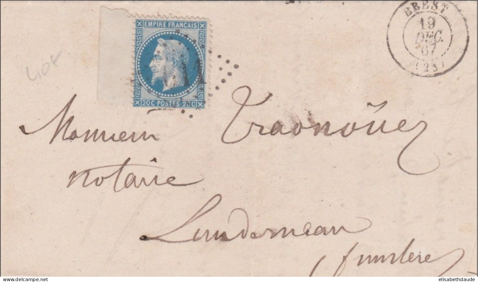 1867 - 20c EMPIRE LAURE Avec BORD De FEUILLE Sur LETTRE De BREST (FINISTERE) - 1863-1870 Napoléon III Lauré