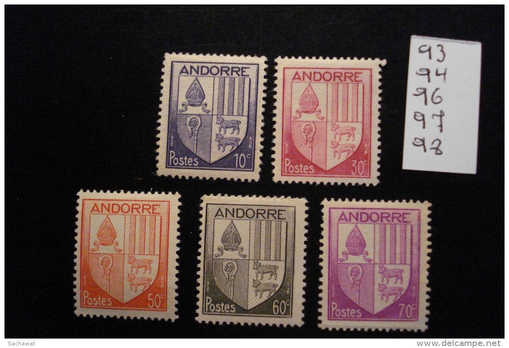 Andorre Français - Années 1944-46 - Armoiries - Y.T. 93-94-96-97-98 - Oblitéré - Used - Gestempeld - Usati