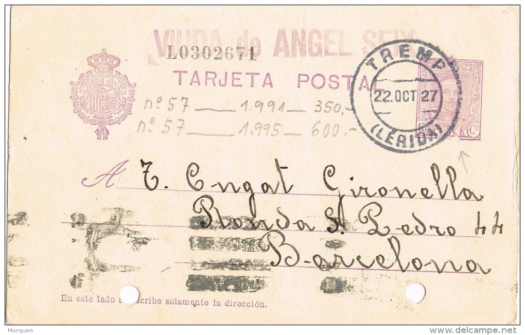 7569. Entero Postal TREMP (Lerida)1927. VARIEDAD Impresion - 1850-1931