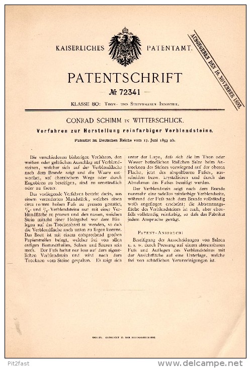 Original Patentschrift - Conrad Schimm In Witterschlick B. Alfter , 1893 , Reinfarbige Verblendsteine , Ziegel , Maurer - Historische Dokumente