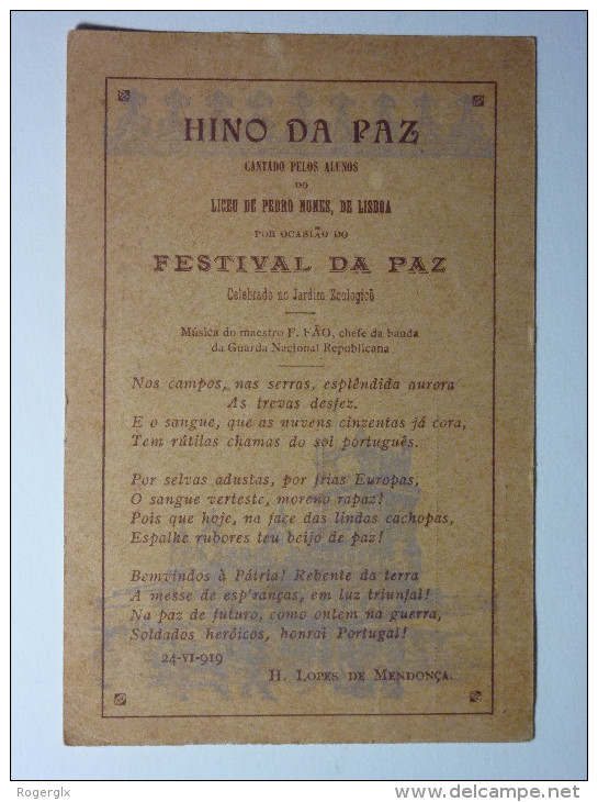 B5161 * Liceu Pedro Nunes, Festival Da Paz, Jardim Zoológico 1919. Hino.  Henrique Lopes De Mendonça - Altri & Non Classificati