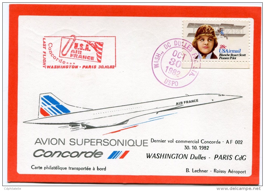 CARTE CONCORDE DERNIER VOL COMMERCIAL CONCORDE AF 002  WASHINGTON DULLES - PARIS CDG 30.10.1982 - Concorde