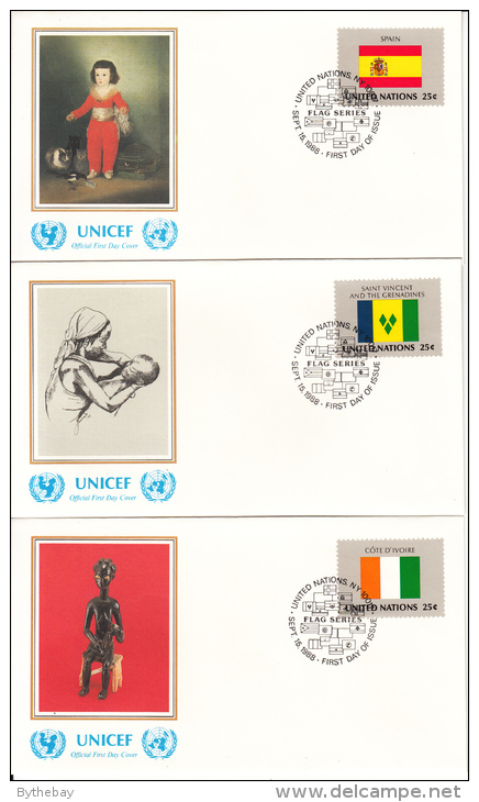 United Nation New York Set Of 16 Unaddressed FDCs 1988 Flag Series Scott #528-#543 - Enveloppes