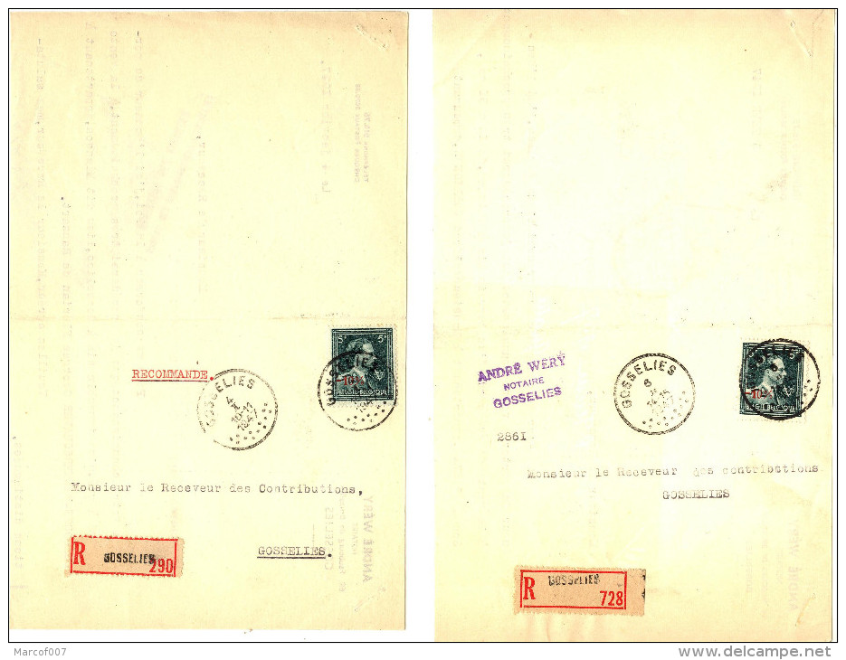 GOSSELIES - ENVOI EN RECOMMANDE N° 290 ET 728  - 2 LETTRES AVEC TIMBRES 724T - 5FR - 10%  - 1947 - 1946 -10%