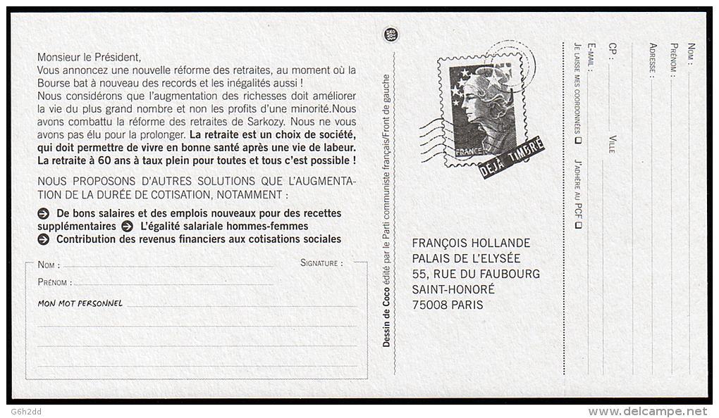 B1-003G- Carte Pétition Avec Pseudo Timbre Marianne De Beaujard. - Enteros Privados