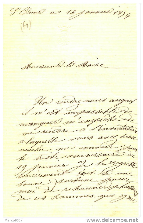 ST OMER - LETTRE AU MAIRE -  DU PRESIDENT DU SECOURS AUX BLESSES  - 1876 - Manuscripts