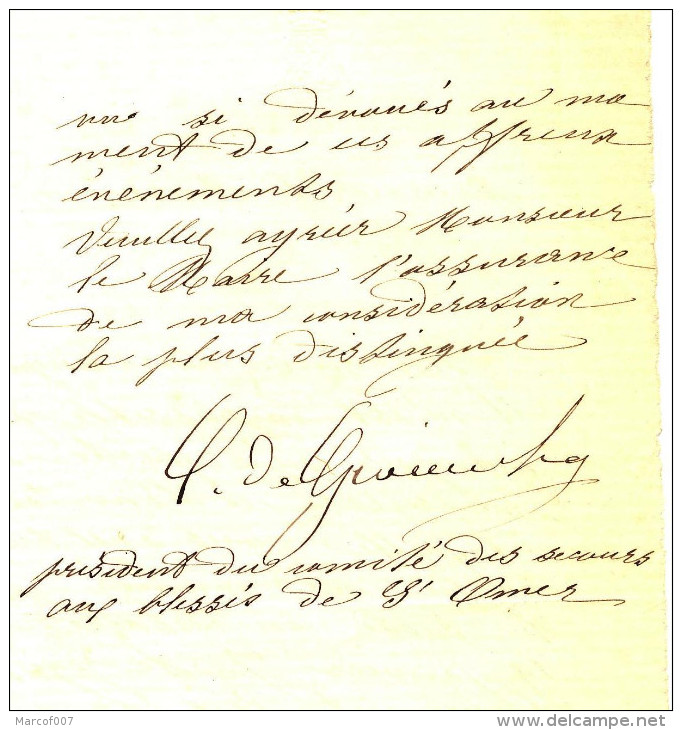 ST OMER - LETTRE AU MAIRE -  DU PRESIDENT DU SECOURS AUX BLESSES  - 1876 - Manuscripts