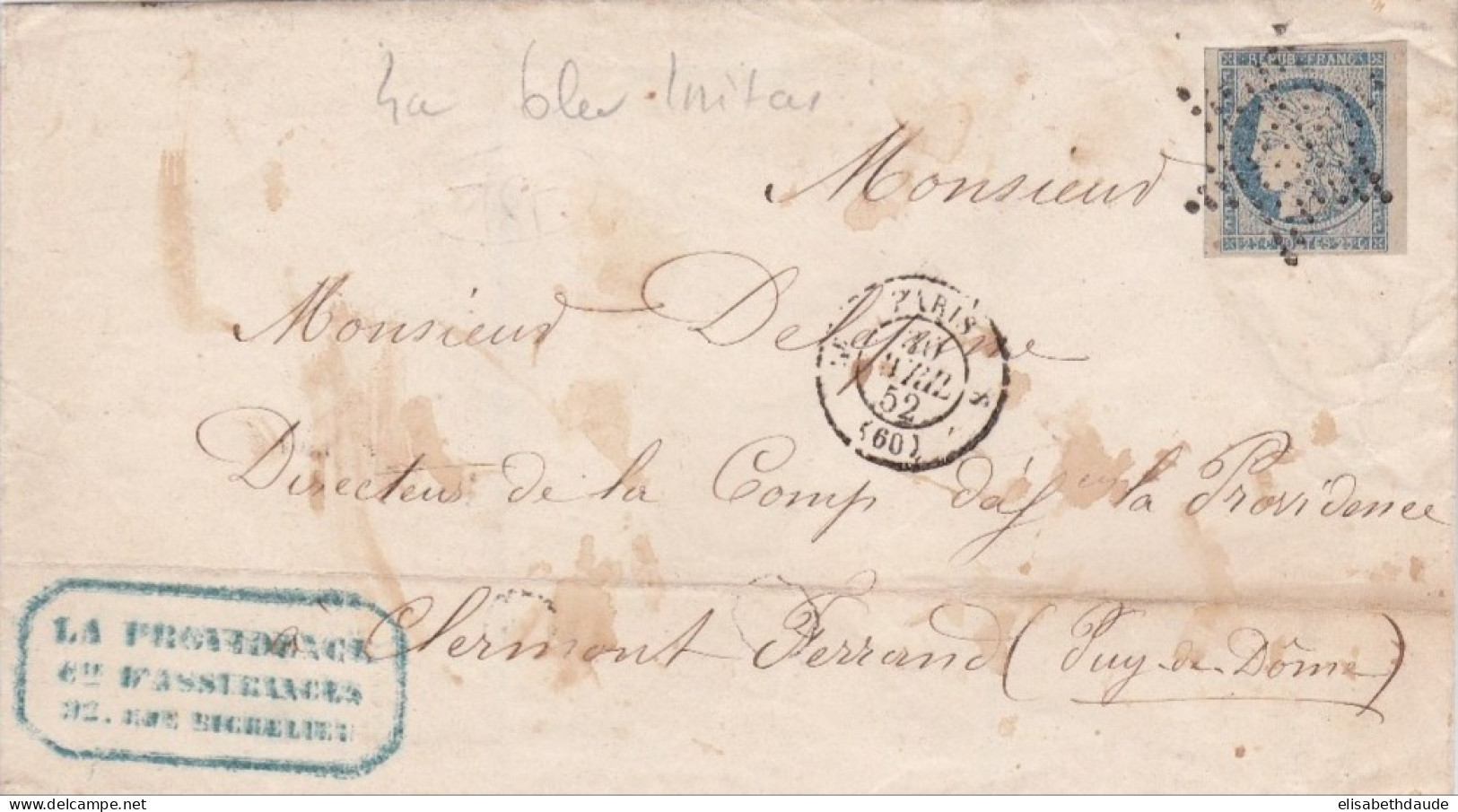 1852 - 20c CERES RARE VARIETE IMPRESSION Sur LETTRE De PARIS - 1849-1850 Cérès