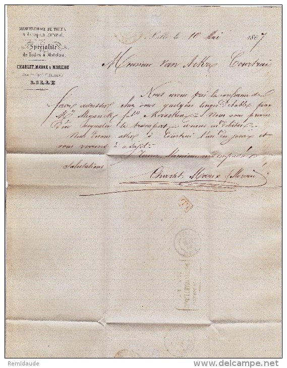 1867 - NORD - TARIF FRONTALIER - LETTRE De LILLE Pour COURTRAI (BELGIQUE) - 1849-1876: Période Classique
