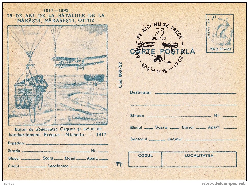 Romania  ; 1992  ; Transport ; Air Force In World War II ; WW2 ; Balloon Observation ; Pre-paid Postcard ; Spec. Cancell - WW1 (I Guerra Mundial)