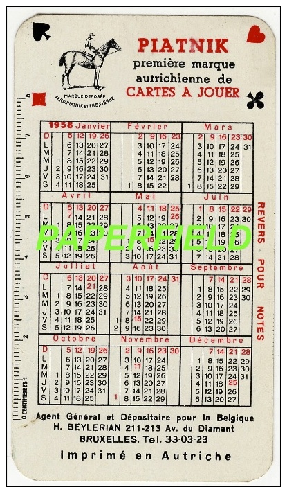 Calendrier 1958 - PIATNIK Première Marque Autrichienne De Cartes à Jouer - Tamaño Pequeño : 1941-60