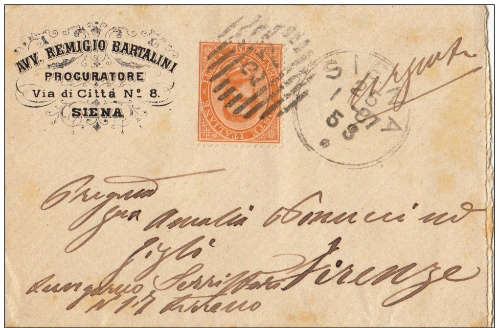 SIENA 1887 - GRAZIOSA BUSTINA PUBBLICITARIA - ANNULLO NUMERALE A BARRE - S2093 - Storia Postale