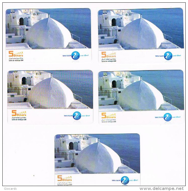 TUNISIA  -  TELECOM  (GSM RECHARGE) - LOT OF 5 WITH DIFFERENT BACK: WHITE BUILDING -  USED  -  RIF. 2654 - Tunisie