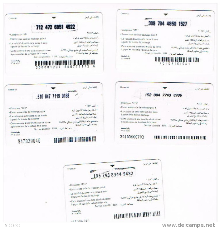 TUNISIA  -  TELECOM  (GSM RECHARGE) - LOT OF 5 WITH DIFFERENT BACK: WHITE BUILDING -  USED  -  RIF. 2654 - Tunesien