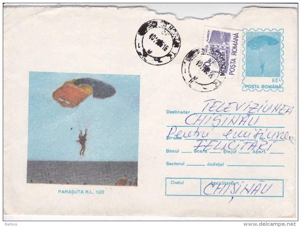 Romania ; 1994 ; Sport ; Parachutting ; Parachute R.L. 12/2  ; Pre-paid Envelope  ; Used - Fallschirmspringen