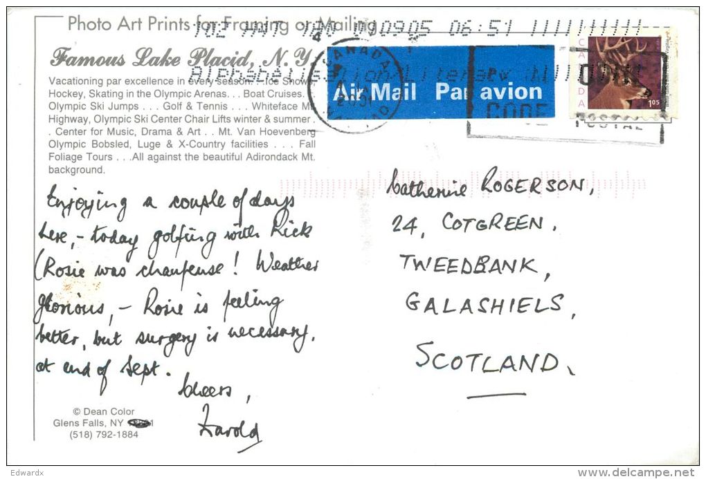 Lake Placid, New York, United States USA US Postcard Used Posted To UK 2001 Canada Stamp - Other & Unclassified