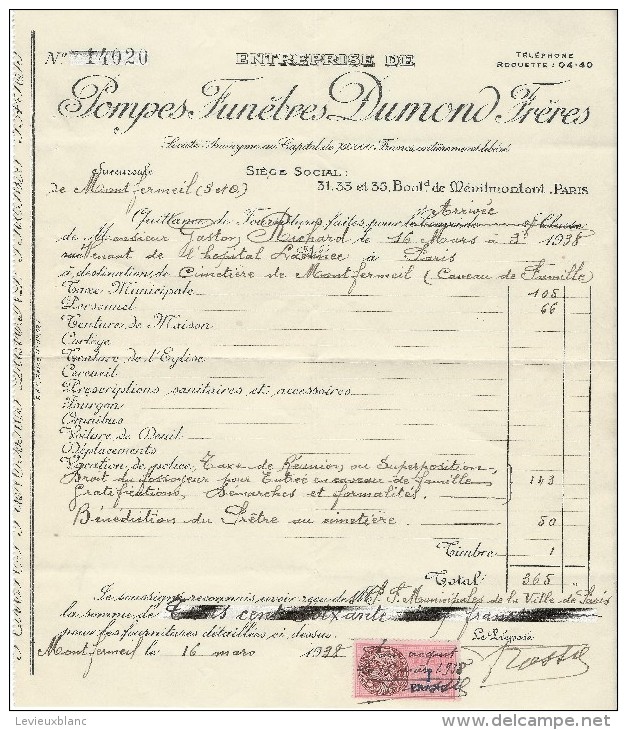 Pompes Funébres /Dumond Fréres/Montfermeil/Seine Et Oise/ 1938   FACT56 - Transport