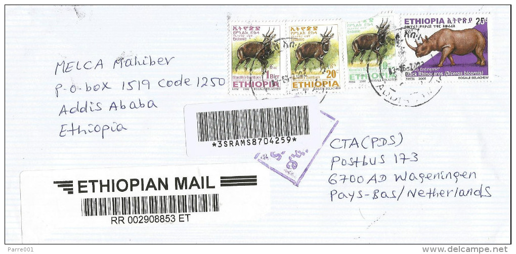 Ethiopia 2008 Addis Ababa Rhino Bushbuck Barcoded Registered Express Cover - Ethiopie