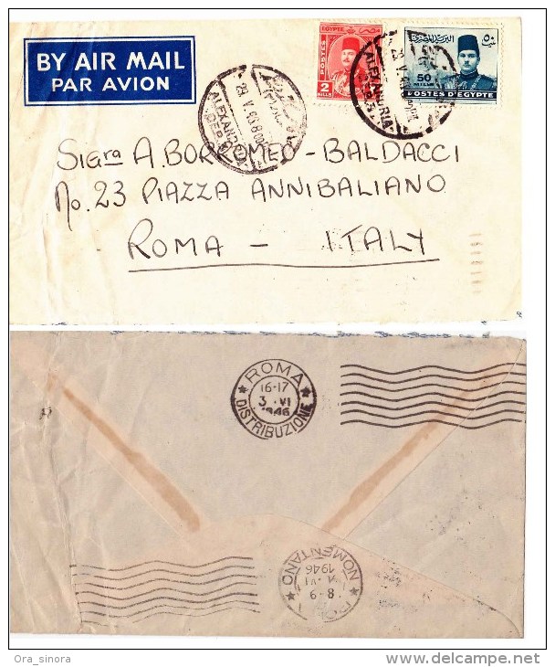 Busta Posta Aerea Air Mail Par Avion Viaggiata 1946 Egitto Roma Francobolli Egiziani 1939/1945 Bei Timbri - Lettres & Documents