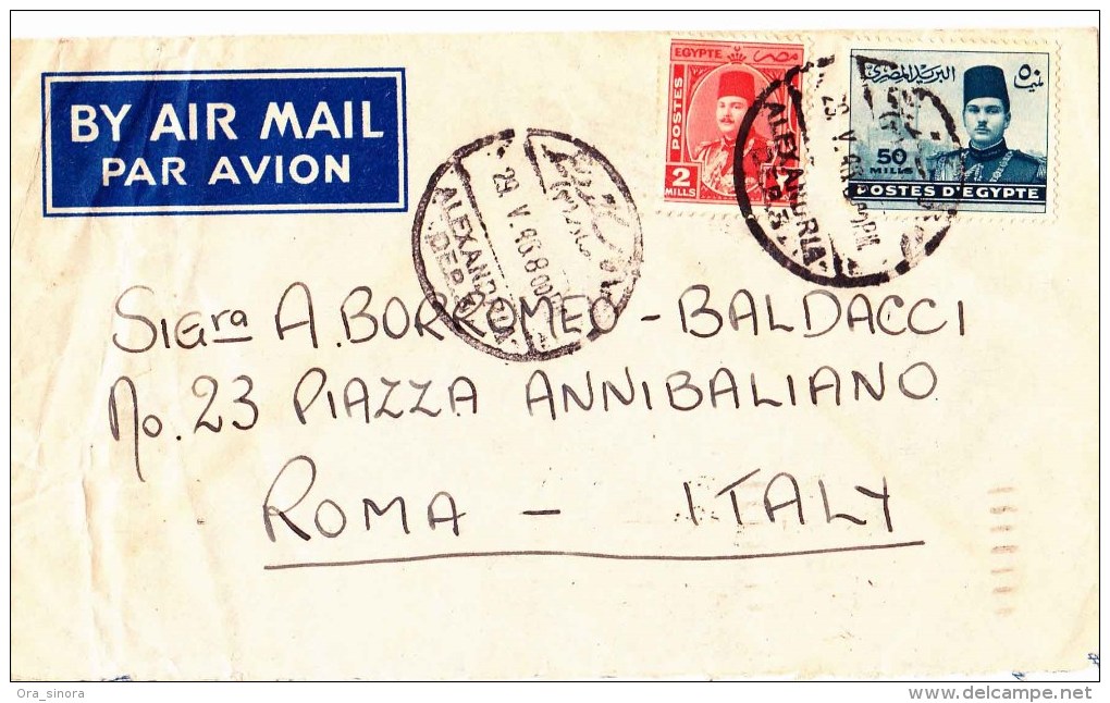 Busta Posta Aerea Air Mail Par Avion Viaggiata 1946 Egitto Roma Francobolli Egiziani 1939/1945 Bei Timbri - Cartas & Documentos